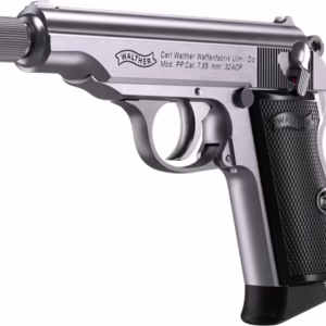 WALTHER PP SD 32ACP STAINLESS – 8RD THREADED BARREL BLK GRIPS